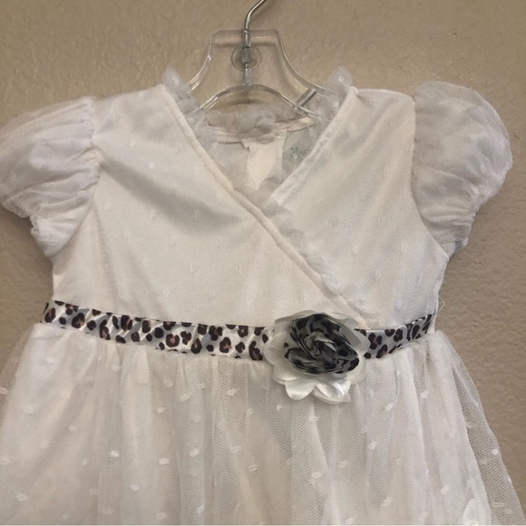 Nanette Baby® Girl Leopard Trim Short Puff Sleeve Mesh Knit Rosette Dress Sz 24M - Picture 2 of 11